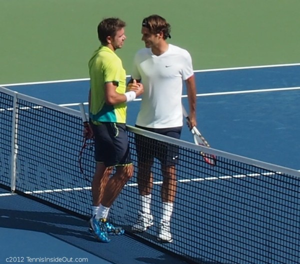 Stanislas Stan Wawrinka Roger Rog Federer smoosh handshake net Cincinnati Western and Southern Open semifinal photos pictures images
