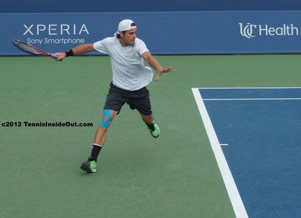 Cincinnati Open Tommy Haas running forehand white hat knee tape handsome photos pictures