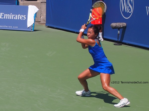 Vania King Western and Southern Open Cincinnati racquet swing forehand stretch blue dress pictures photos