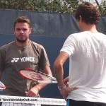 Stan Wawrinka giving side eye to Roger Federer Western and Southern Open Cincinnati 2012 chat talk practice white tee Yonex tee racquets photos pictures images screencaps