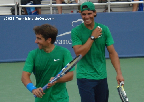 Rafa Nadal Marc Lopez doubles Cincinnati Open matching green kits outfits hat racquets tennis grin smile bandaged fingers pictures images photos screencaps