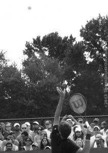 Roger Federer high ball toss arching service motion black and white photos by Valerie David Wilson racquet August 2013