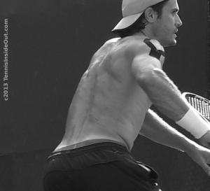 Running for backhand Tommy Haas Western & Southern Open practice black & white photo gorgeous sweaty hot sexy back shoulder muscles low shorts ass photos pictures images